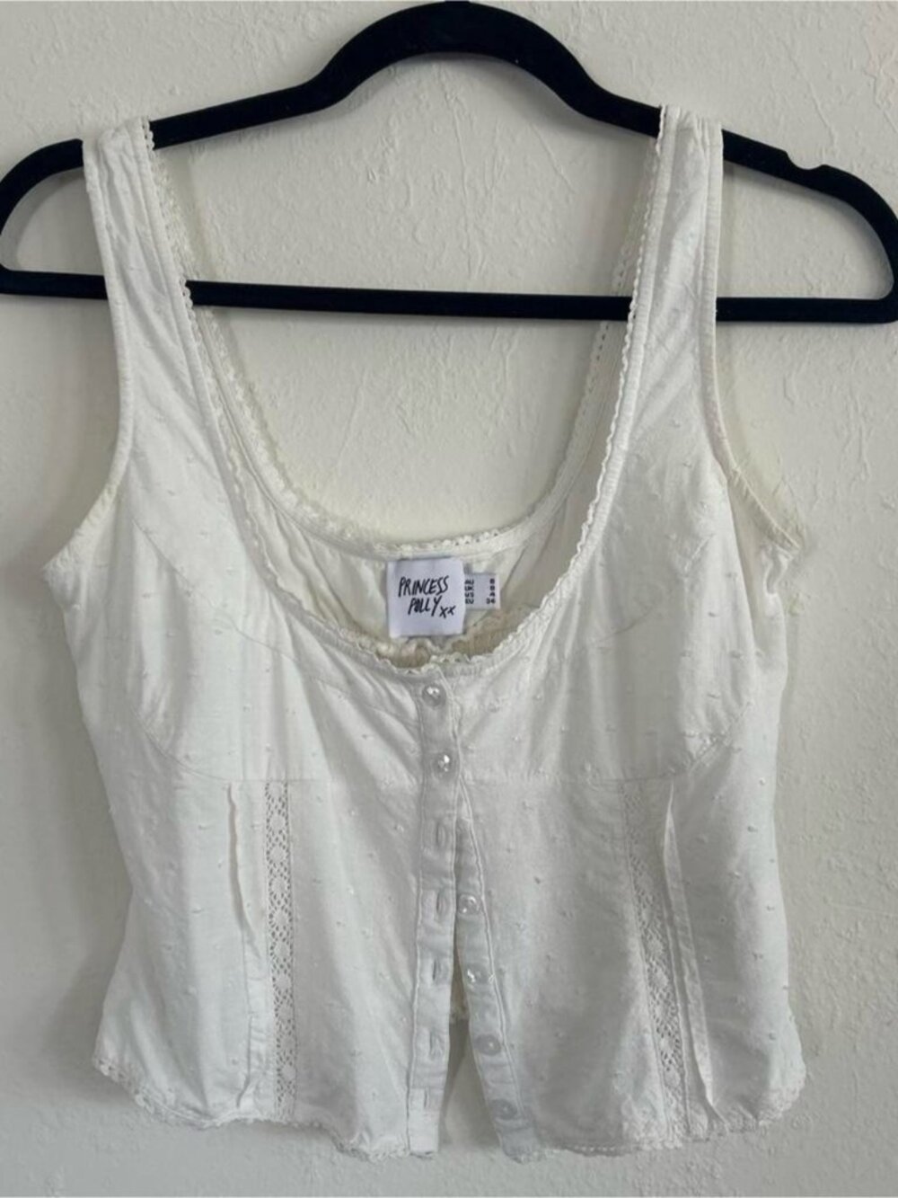 Princess Polly White Eyelet Lace-Trim Button Tank